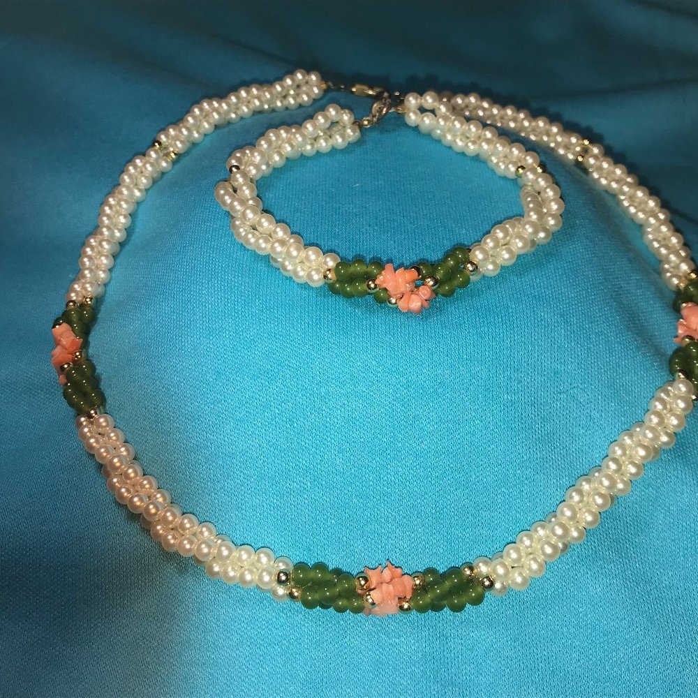 Pearl and Coral Braided Strand Necklace 18 inches
